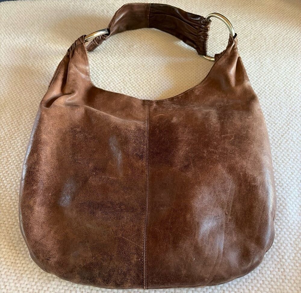 Hobo International Vintage Distressed Brown Leather Ring Hobo Shoulder Bag